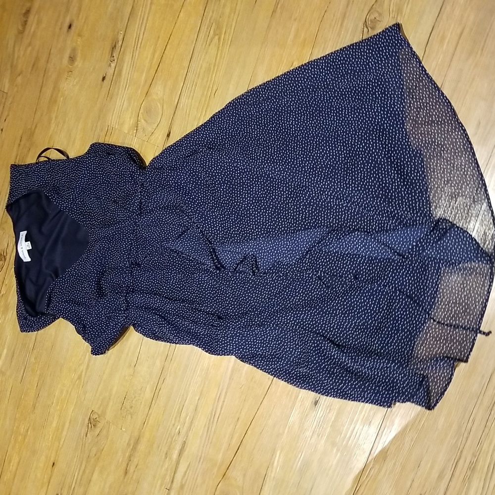 Emma & Michele navy w/sm polka dots v neck sleeveless dress w/front ruffle sz3X